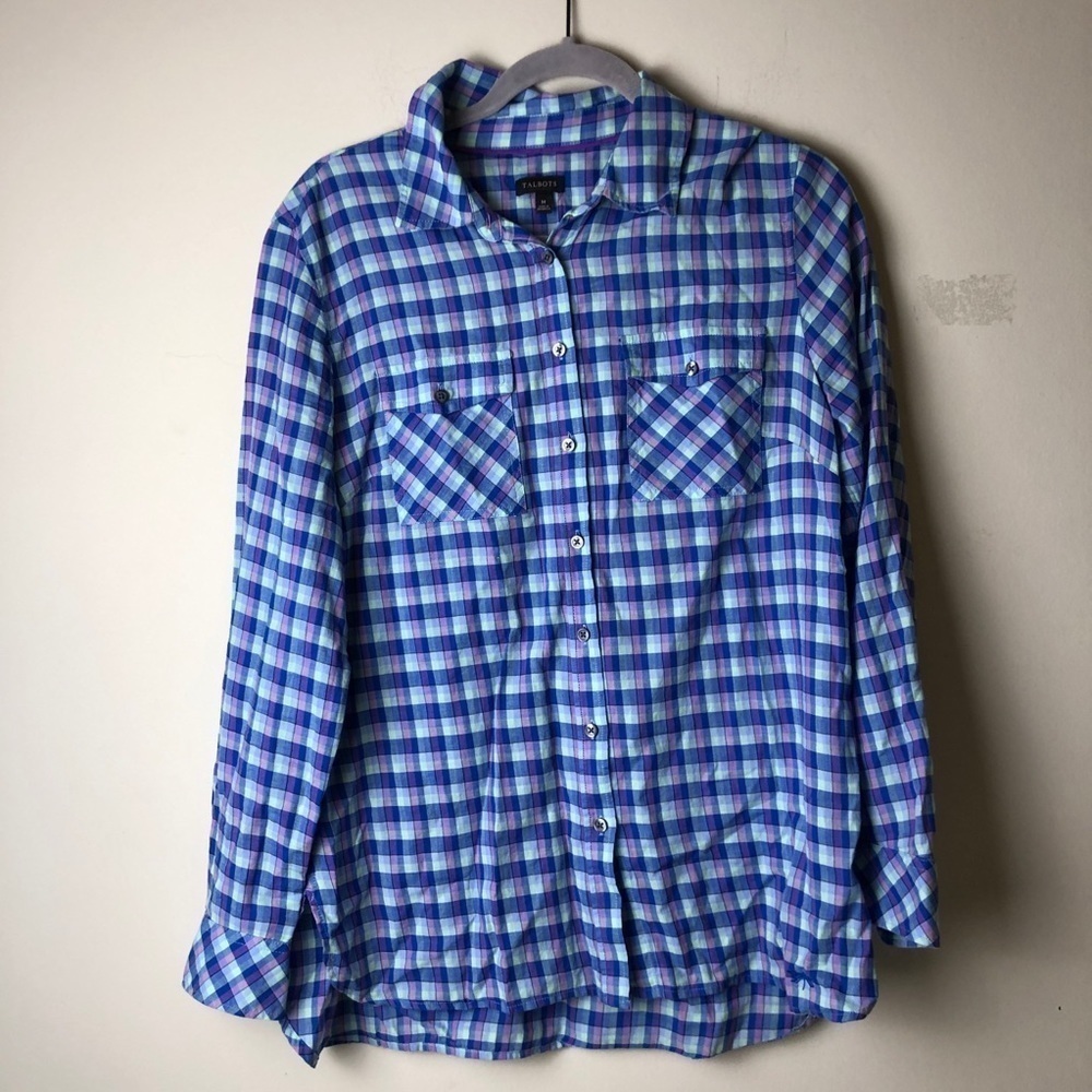Talbots Plaid Button Down Top 100% Cotton